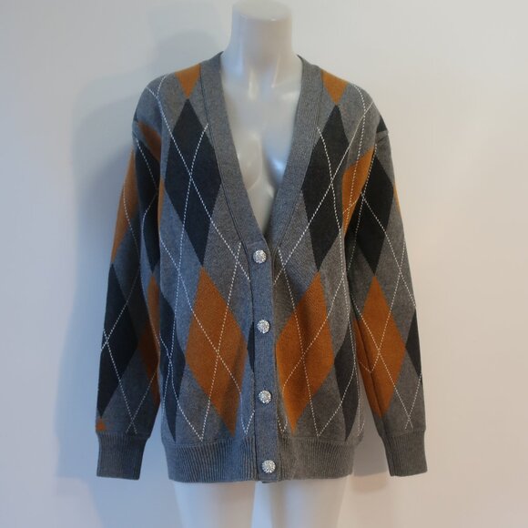 Ronny Kobo Abarne Gray Brown Merino Wool Cotton Argyle Button Cardigan Sweater S - Picture 7 of 15